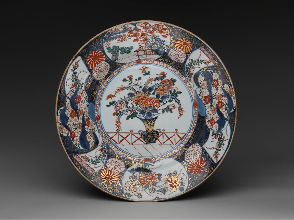 Plate with Vase and Flowers, Porcelain painted with colored enamels over a transparent glaze (Hizen ware, Imari type), Japan 