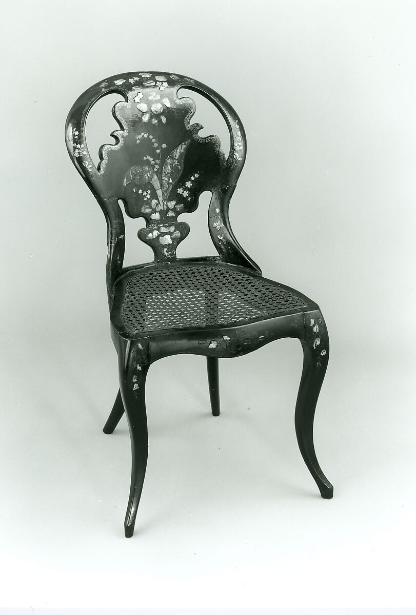 Papier-mâché side chair, Wood, papier-mâché, black lacquer, painted and gilded, mother-of-pearl, caned seat., British (?) 