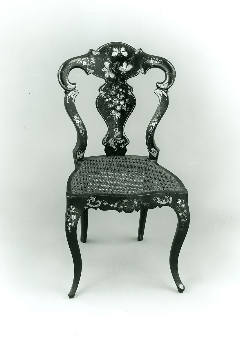 Papier-mâchè side chair, Wood, papier-mâché, black lacquer, painted and gilded, mother-of-pearl, caned seat., British (?)