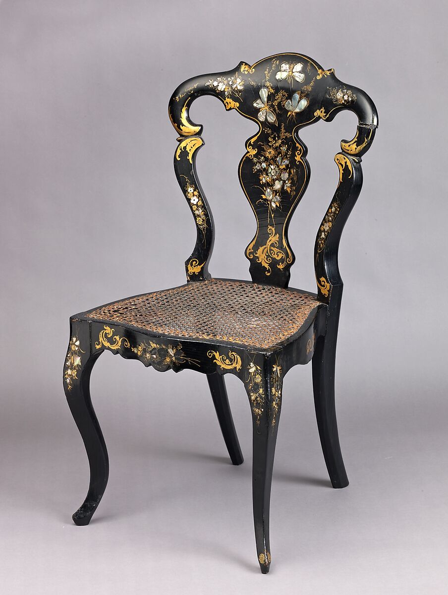 Papier-mâchè side chair, Wood, papier-mâché, black lacquer, painted and gilded, mother-of-pearl, caned seat., British (?) 