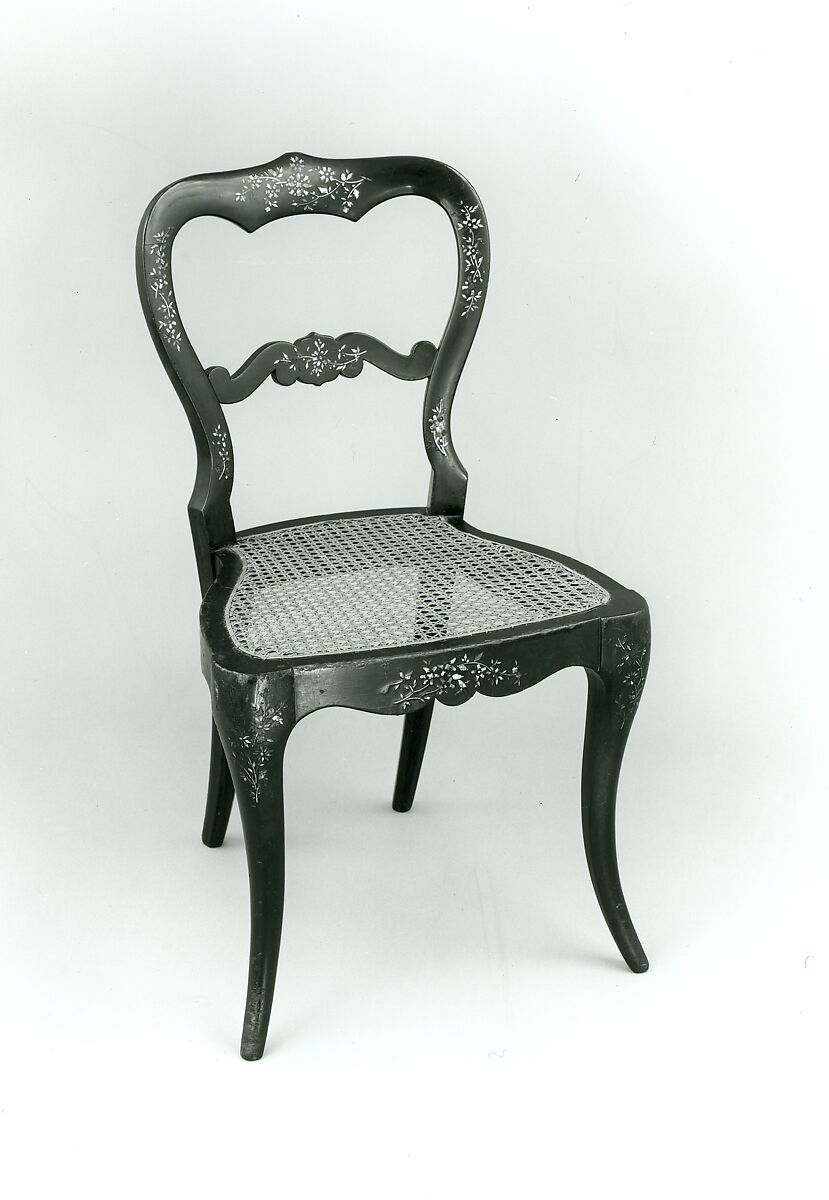 Papier-mâchè side chair, Wood, papier-mâché, black lacquer, painted and gilded, mother-of-pearl, caned seat.  Caning recently replaced., British (?) 