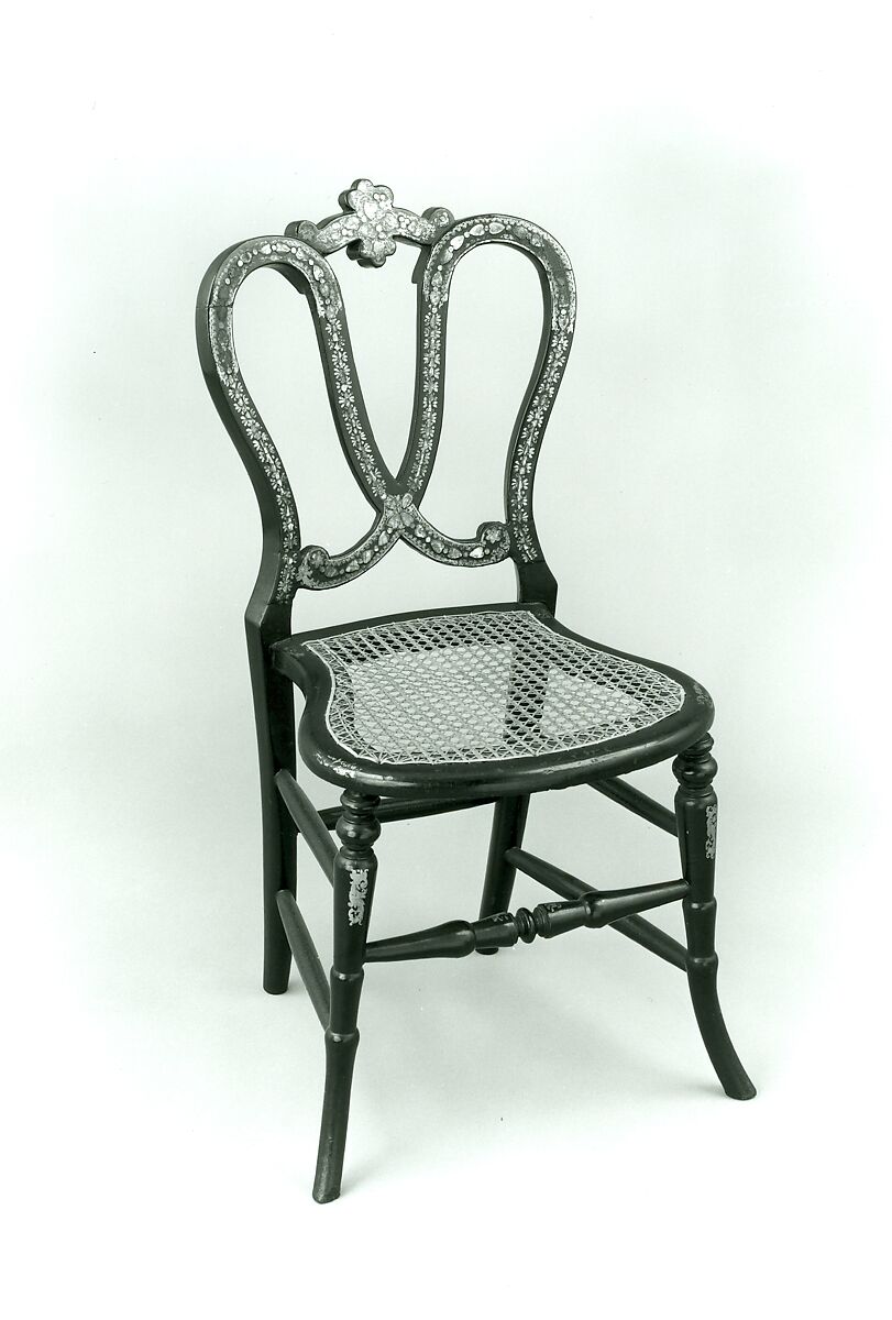 Papier-mâchè side chair, Wood, papier-mâché, black lacquer, painted and gilded, mother-of-pearl, caned seat., British (?) 