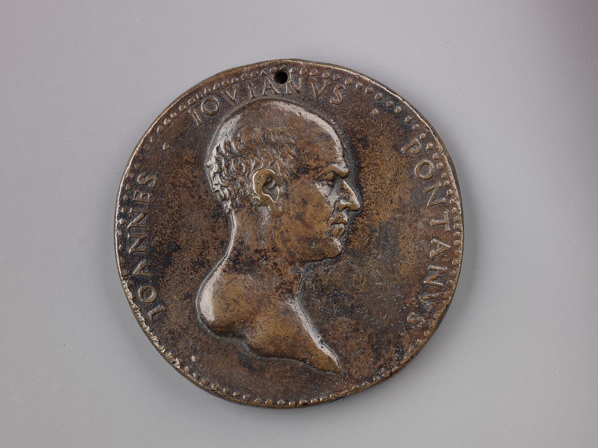 Portrait medal of Giovanni Giovano Pontano, Adriano Fiorentino (Adriano di Giovanni de&#39; Maestri) (Italian, Florence (?) born ca. 1450–60, died 1499 Florence), Bronze (Copper alloy with brown patina and remnants of black lacquer or wax). 