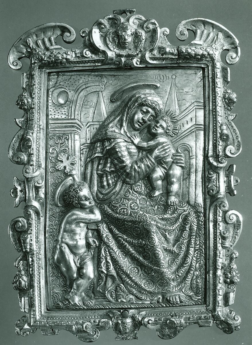 Pax with the Virgin and Child and Young St. John, Copper alloy; obverse gilt, reverse with a reddish brown patina; the frame was cast in four separate parts and riveted in each corner., Italian, Rome (?) 