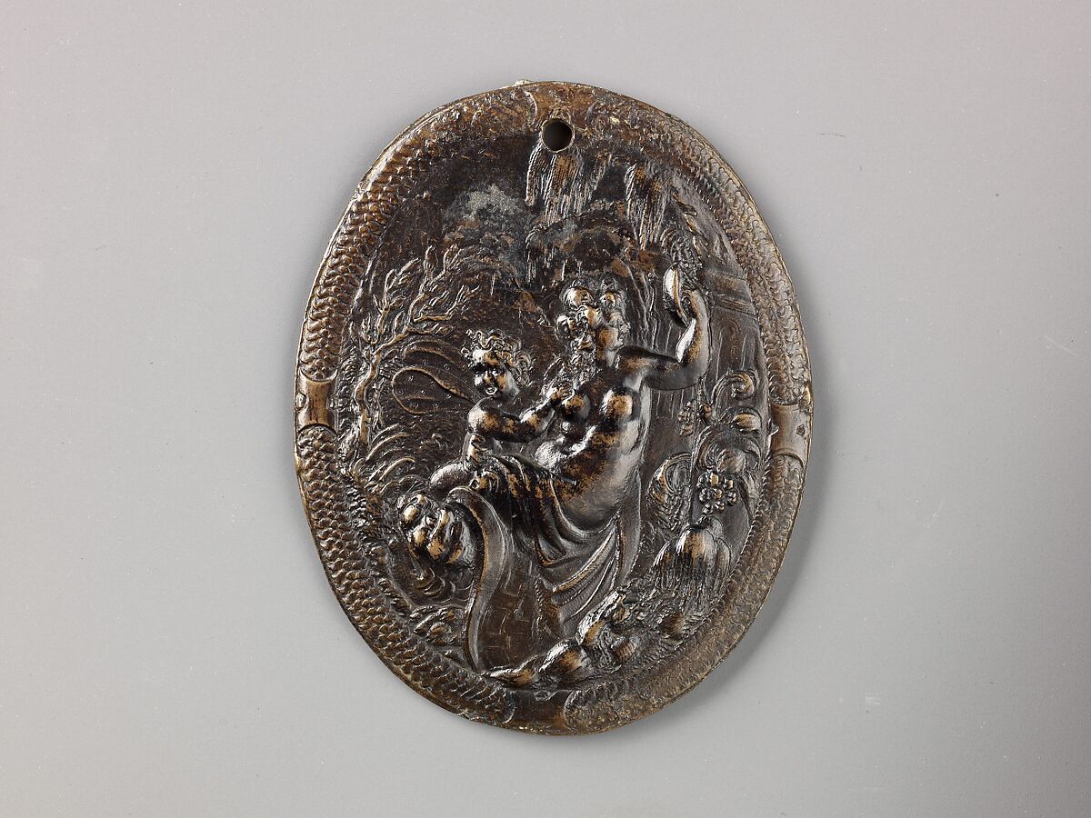 Venus and Cupid, possibly Paul Hubner (active after 1582–1614)  , Augsburg, Copper alloy with a light brown patina under a dark lacquer patina; pierced at the top., German, Augsburg 