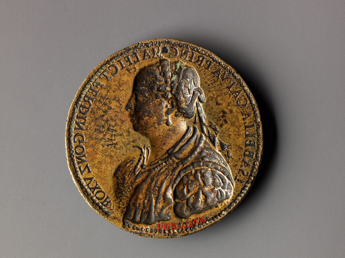 Portrait medal of Isabella di Capua, Jacopo Nizolla da Trezzo (Italian, Milan 1515/19–1589 Madrid), Bronze (Copper alloy with honey-colored
patina under a worn layer of black lacquer or wax)