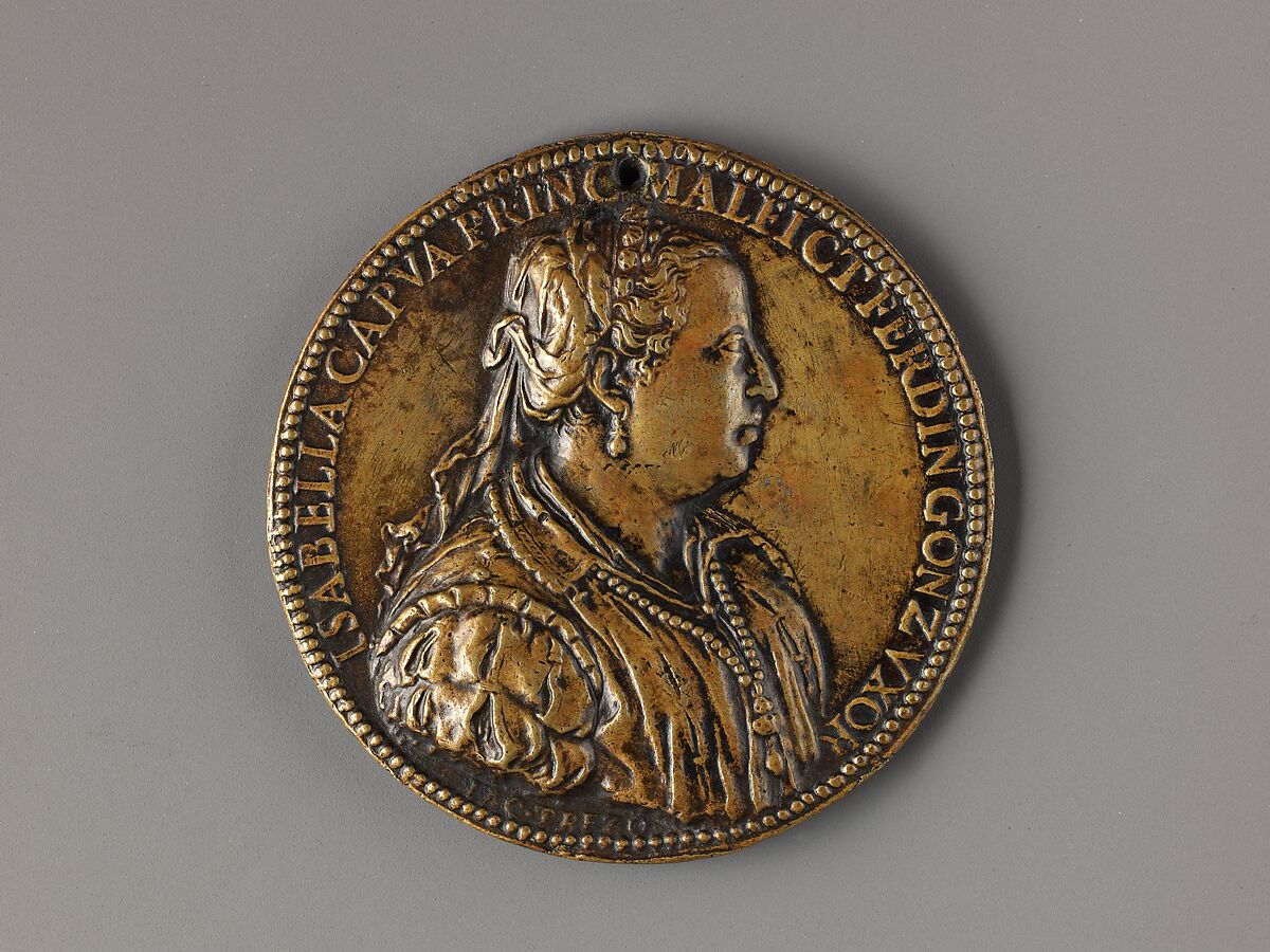 Portrait medal of Isabella di Capua, Jacopo Nizolla da Trezzo (Italian, Milan 1515/19–1589 Madrid), Bronze (Copper alloy with honey-colored
patina under a worn layer of black lacquer or wax)
