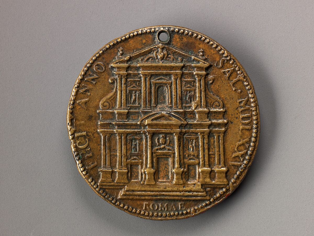 Portrait medal of Cardinal Alessandro Farnese (obverse); Il Gesù (reverse), Giovanni V. Melon (Italian, active ca. 1570–90), Bronze (Copper alloy with a warm
brown patina).