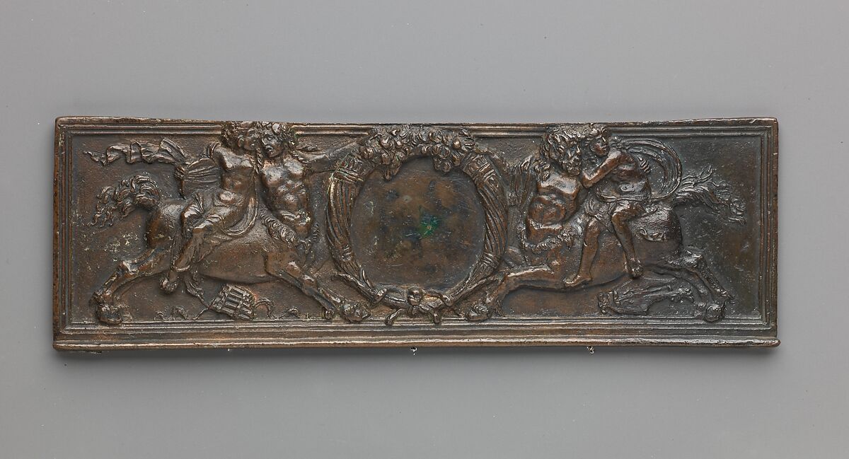Front panel of a writing box (decorated with centaurs and nymphs), model attributed to Severo Calzetta da Ravenna (Italian, active by 1496, died before 1543), Copper alloy with warm brown patina and areas of a worn black patina on top.