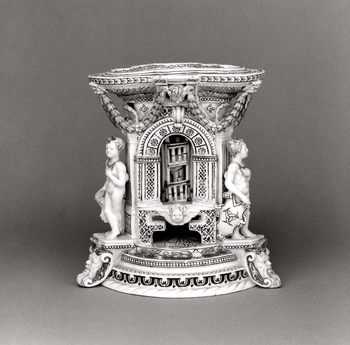 Saltcellar, White clay overlaid with sheets of patterned, inlaid and tinted clay, French