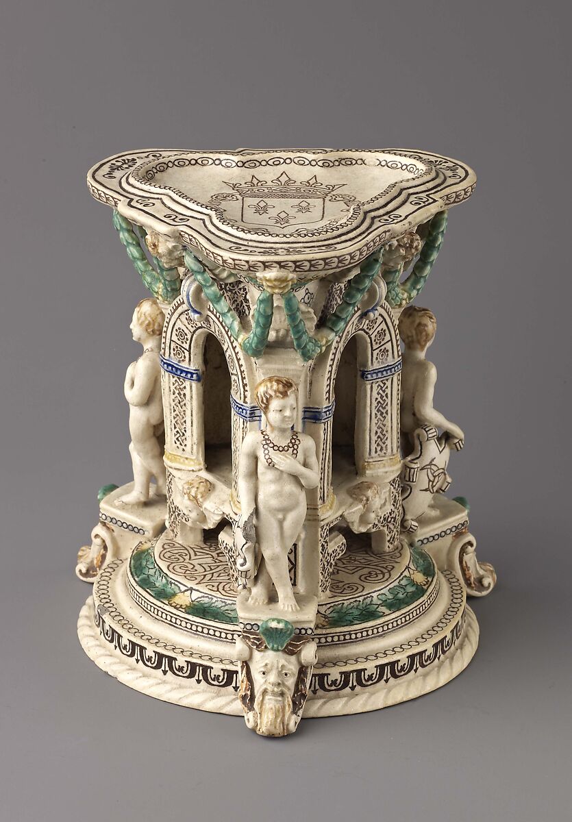 Saltcellar, White clay overlaid with sheets of patterned, inlaid and tinted clay, French
