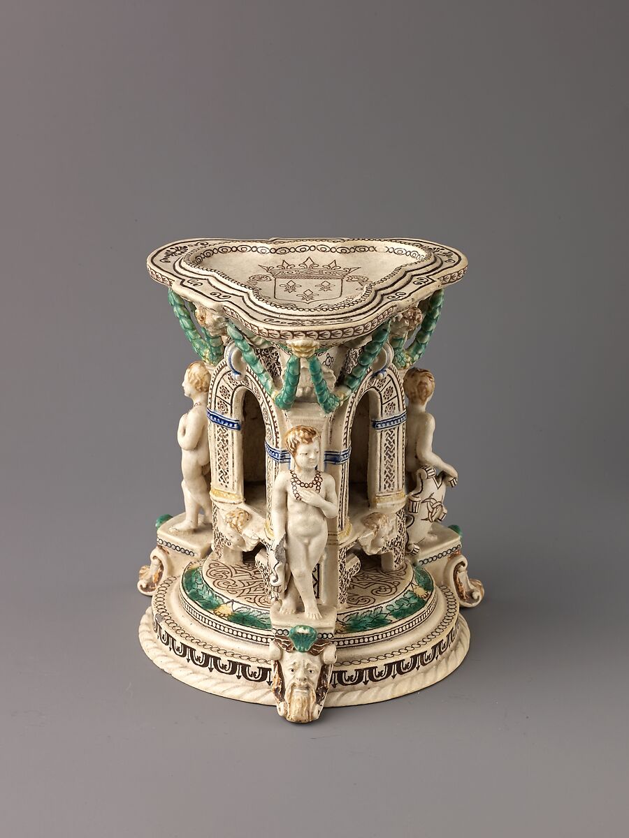 Saltcellar, White clay overlaid with sheets of patterned, inlaid and tinted clay, French 