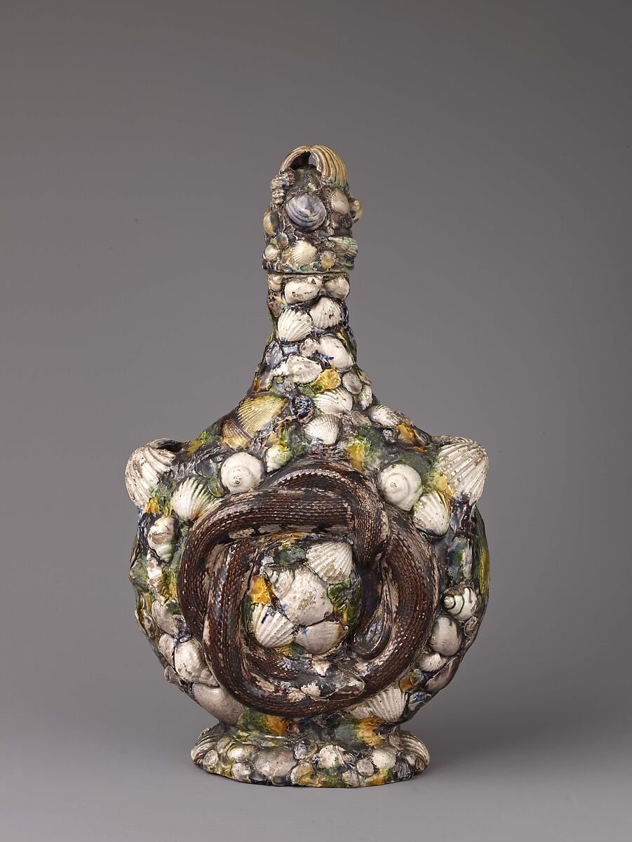 Pilgrim Flask, Bernard Palissy (French, Agen, Lot-et-Garonne 1510–1590 Paris) and workshop, Earthenware with colorless and transparent or opaque pigmented green, purple, blue, yellow, red-brown, and black lead glazes.