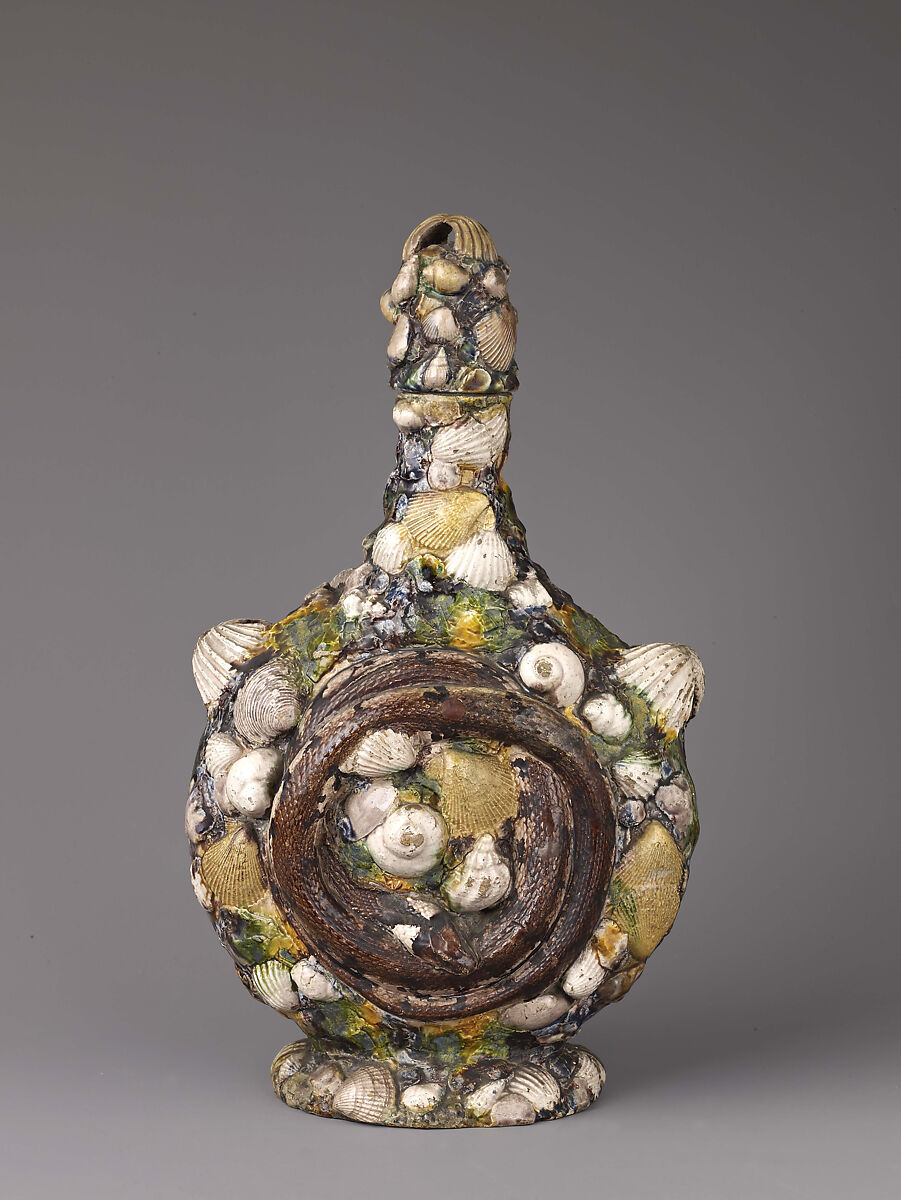 Pilgrim Flask, Bernard Palissy (French, Agen, Lot-et-Garonne 1510–1590 Paris) and workshop, Earthenware with colorless and transparent or opaque pigmented green, purple, blue, yellow, red-brown, and black lead glazes.