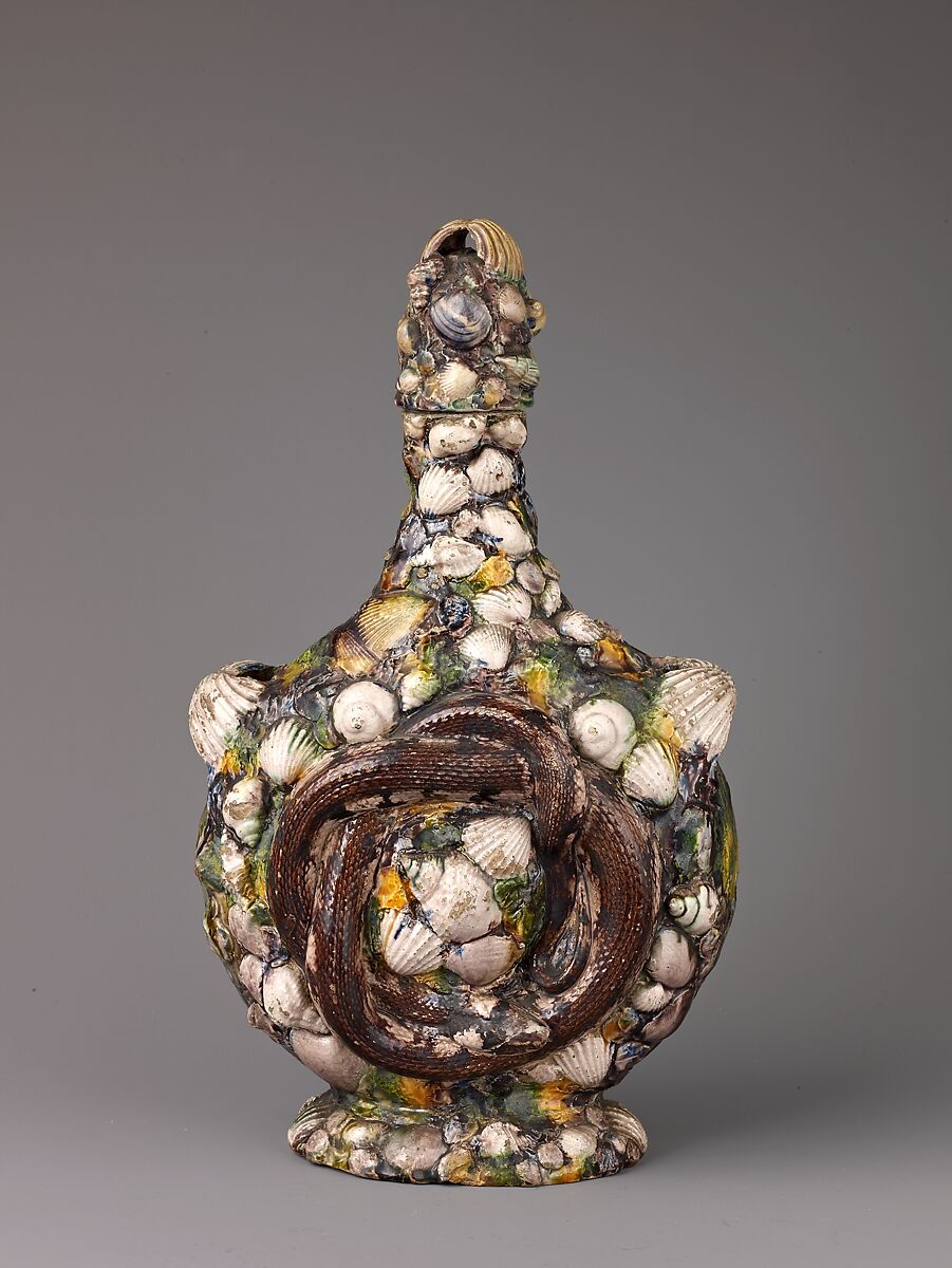 Pilgrim Flask, Bernard Palissy (French, Agen, Lot-et-Garonne 1510–1590 Paris) and workshop, Earthenware with colorless and transparent or opaque pigmented green, purple, blue, yellow, red-brown, and black lead glazes. 