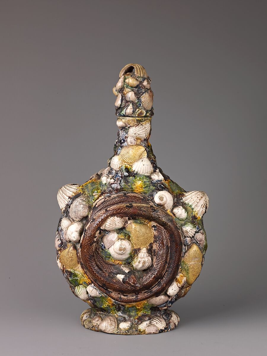 Pilgrim Flask, Bernard Palissy (French, Agen, Lot-et-Garonne 1510–1590 Paris) and workshop, Earthenware with colorless and transparent or opaque pigmented green, purple, blue, yellow, red-brown, and black lead glazes.
