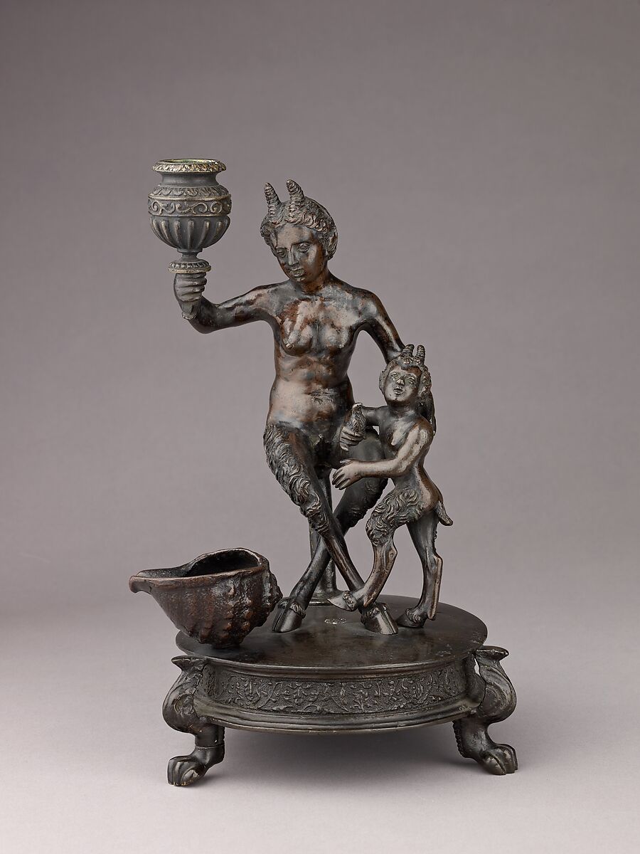 Satyress and her Infant, Severo Calzetta da Ravenna  Italian, Indirect cast; copper alloy, dark brown with areas of black patina.