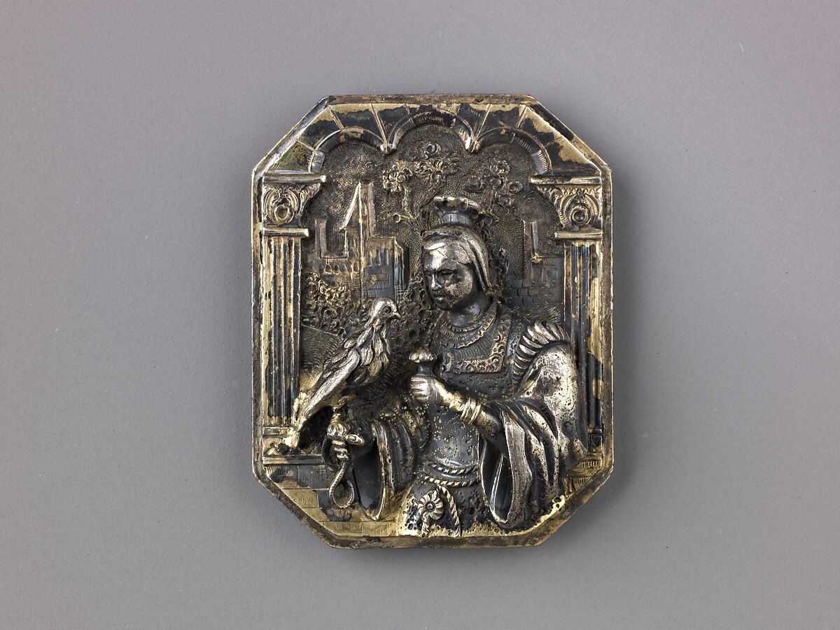 Woman Holding a Falcon and a Flower, Gilt silver, remnants of solder on the reverse., German 