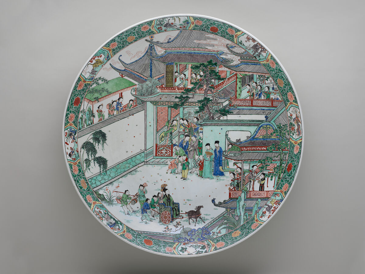 Platter with the story of Pan An, Porcelain painted with overglaze polychrome enamels (Jingdezhen ware), China