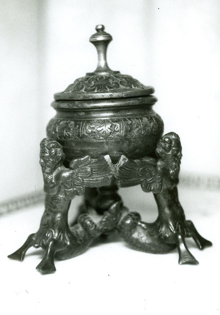 Inkwell supported by three winged tritons, Brown glass (ink receptacle); copper alloy., Italian, Veneto (Venice?) 