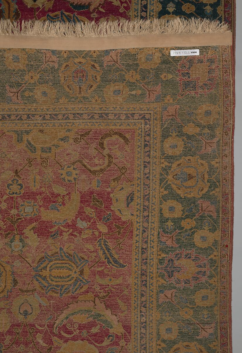 Indo-Persian carpet with vine scroll and palmette pattern, Wool pile on cotton foundation., Indo-Persian