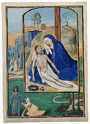 Pietà, Simon Bening (Netherlandish, Ghent (?) 1483/84–1561 Bruges)  , with borders by an assistant, Tempera and gold leaf on parchment 
