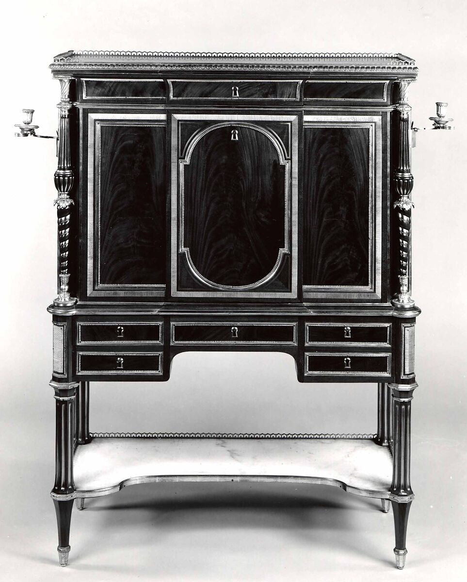 Secretary (secrétaire à abattant), Attributed to Adam Weisweiler (French, 1744–1820), Oak veneered with mahogany; white marble top and shelf; gilt-bronze mounts and adjustable candleholders.