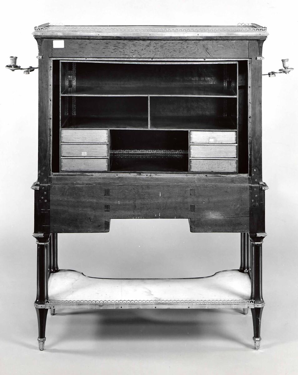 Secretary (secrétaire à abattant), Attributed to Adam Weisweiler (French, 1744–1820), Oak veneered with mahogany; white marble top and shelf; gilt-bronze mounts and adjustable candleholders.