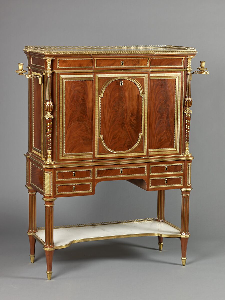 Secretary (secrétaire à abattant), Attributed to Adam Weisweiler (French, 1744–1820), Oak veneered with mahogany; white marble top and shelf; gilt-bronze mounts and adjustable candleholders. 