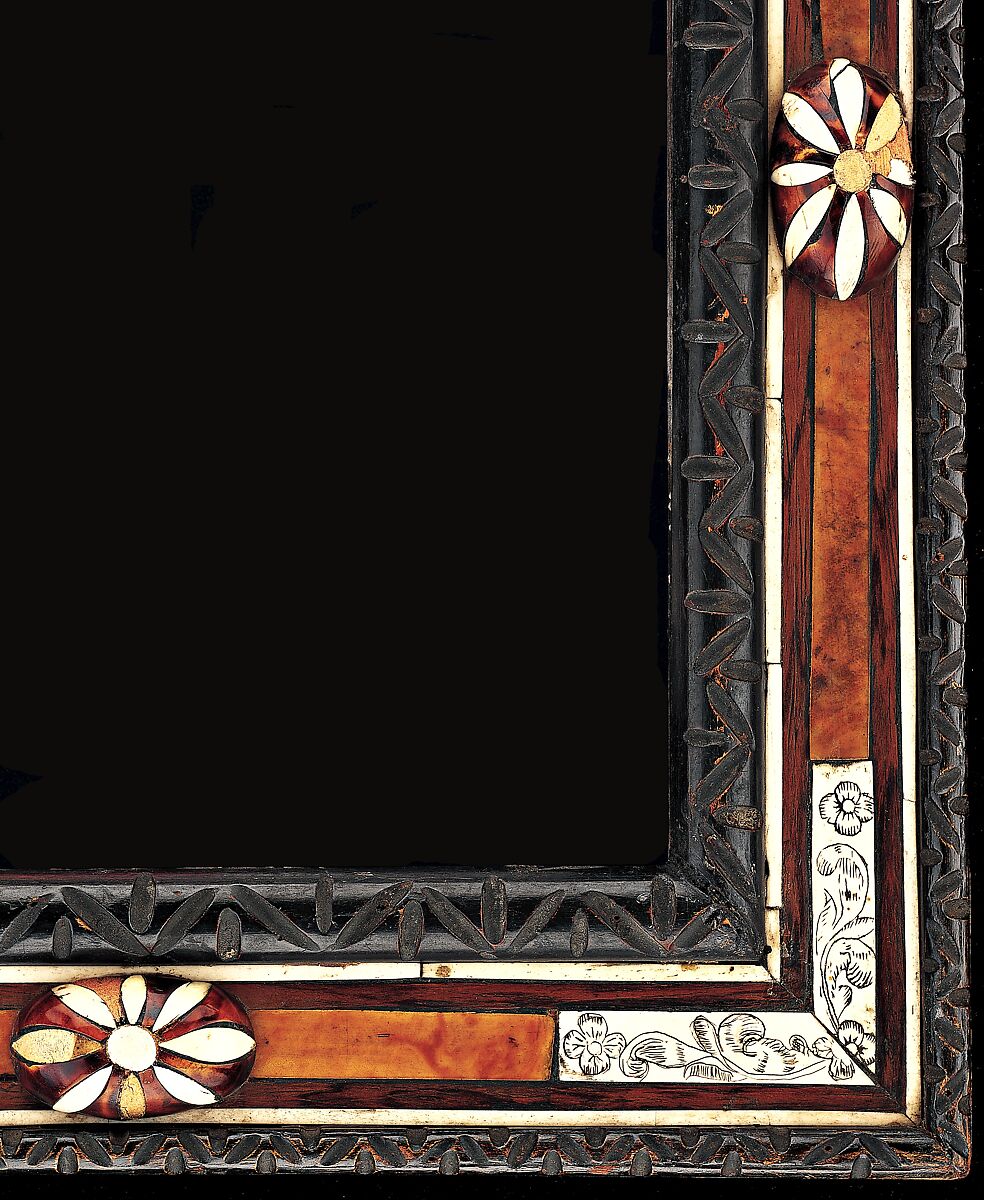 Cassetta frame, Basswood back frame with rosewood upper moldings and ivory, tortoiseshell, oak and maple veneers. Carved. Sight edge: simplified lotus leaf, ebonized. Frieze: ivory stringing, maple and oak veneer. Centers: oval bosses with ivory and tortoiseshell veneer. Corners: curled acanthus leaves and paterae engraved on ivory., American, New York (?)