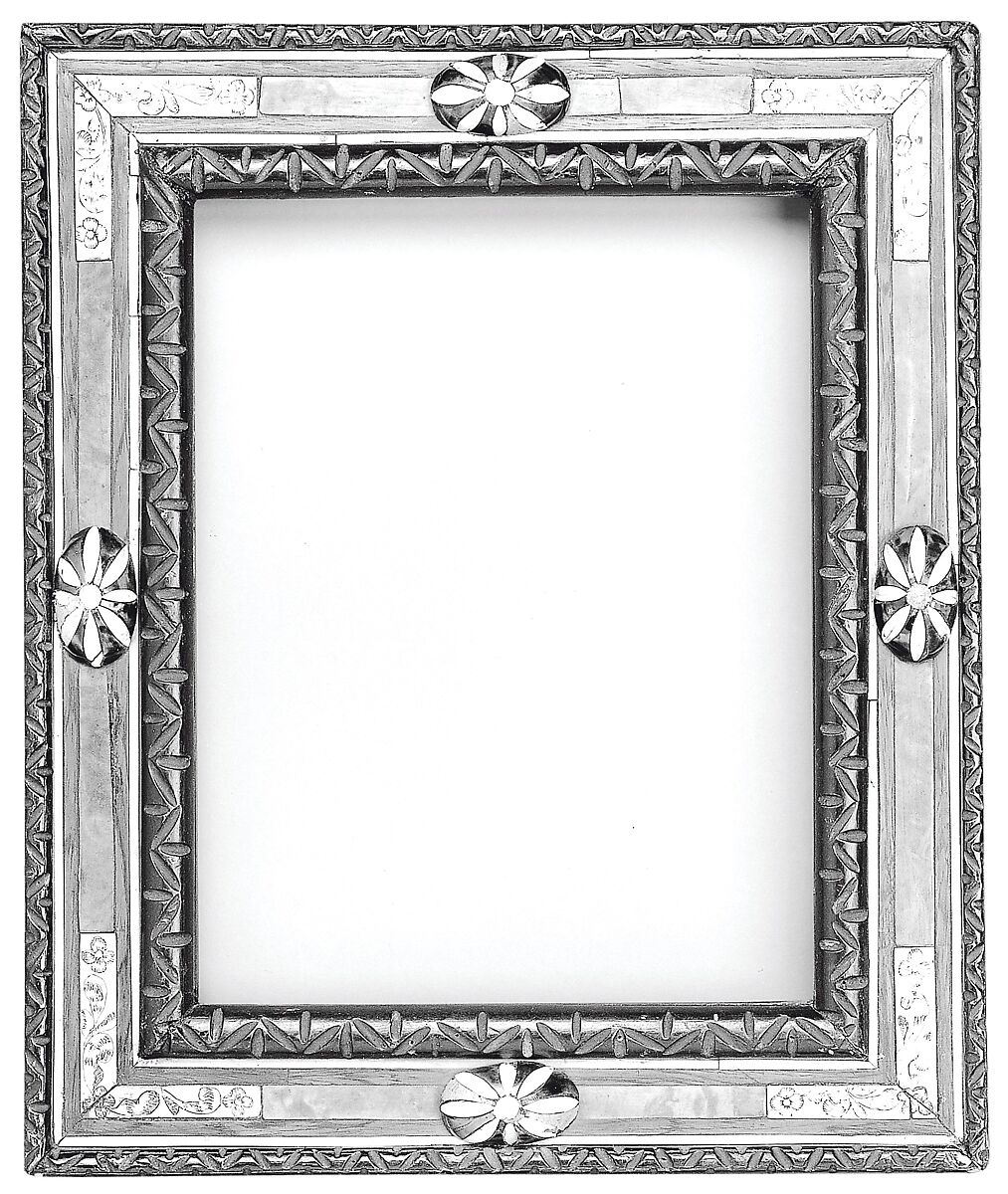 Cassetta frame, Basswood back frame with rosewood upper moldings and ivory, tortoiseshell, oak and maple veneers. Carved. Sight edge: simplified lotus leaf, ebonized. Frieze: ivory stringing, maple and oak veneer. Centers: oval bosses with ivory and tortoiseshell veneer. Corners: curled acanthus leaves and paterae engraved on ivory., American, New York (?) 