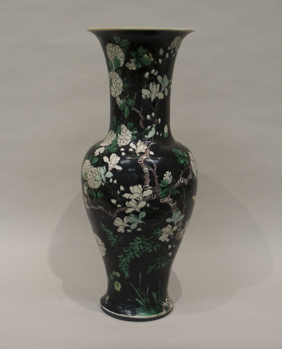 ase with birds and flowers, Porcelain painted in polychrome enamels over black ground (Jingdezhen ware, famille noire), China 