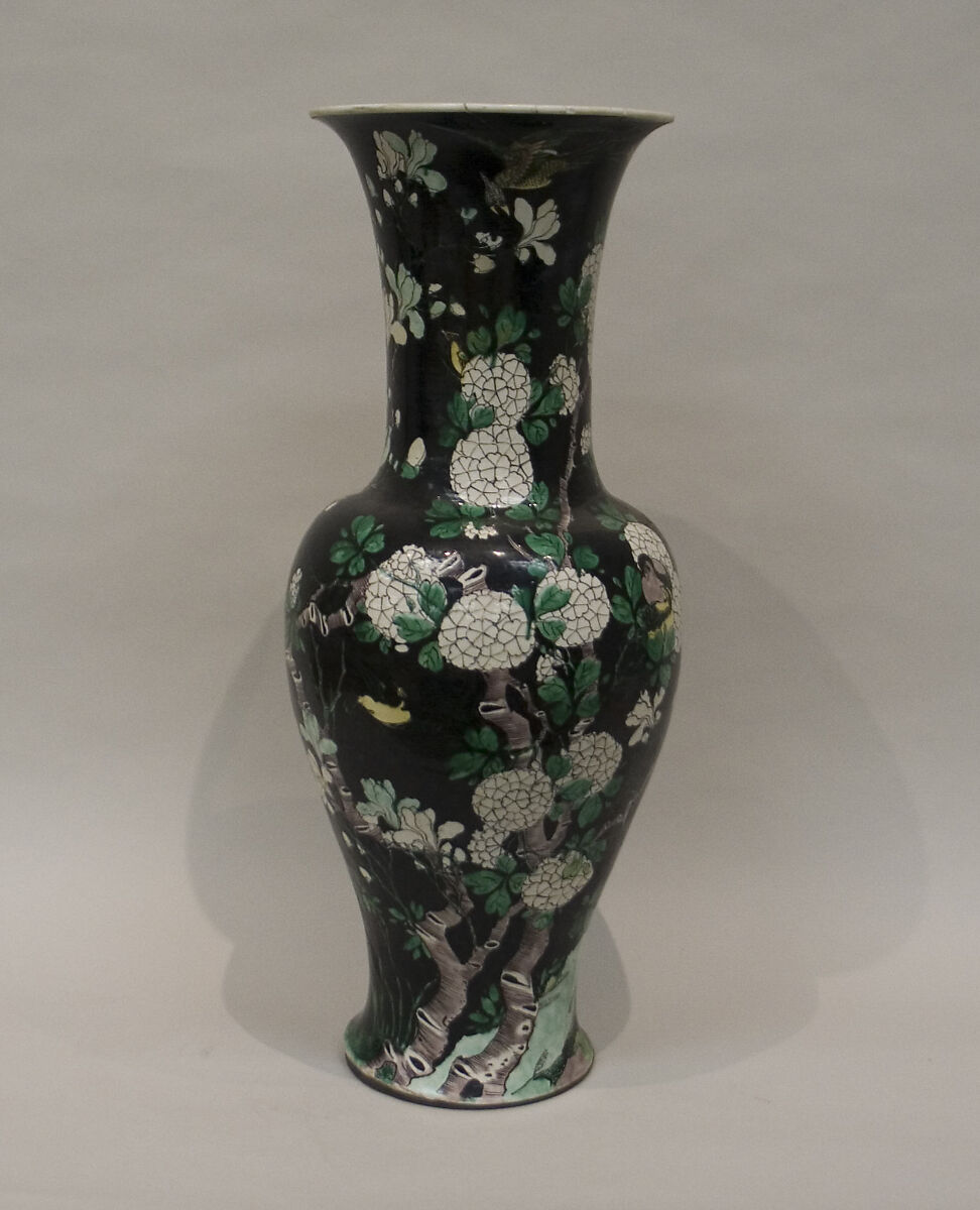 ase with birds and flowers, Porcelain painted in polychrome enamels over black ground (Jingdezhen ware, famille noire), China