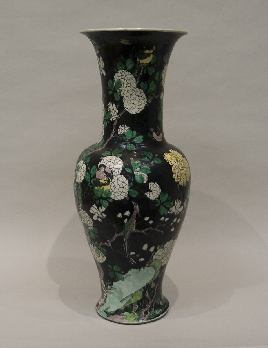 ase with birds and flowers, Porcelain painted in polychrome enamels over black ground (Jingdezhen ware, famille noire), China