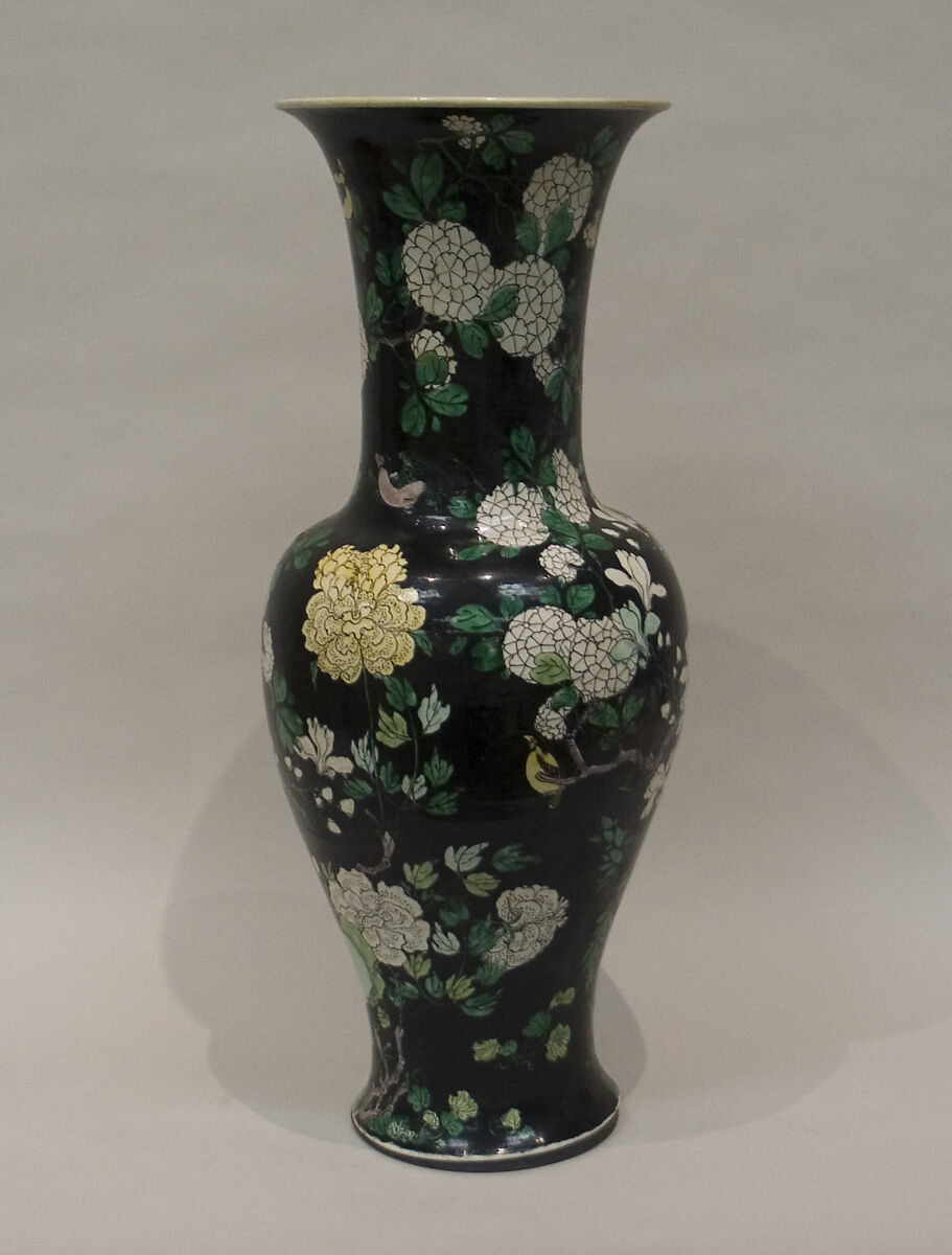 ase with birds and flowers, Porcelain painted in polychrome enamels over black ground (Jingdezhen ware, famille noire), China