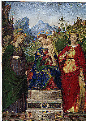 Virgin and Child Enthroned between Saints Cecilia and Catherine of Alexandria, Francesco Morone (Italian, Verona 1471–1529 Verona), Tempera on parchment; Underdrawing in sepia ink