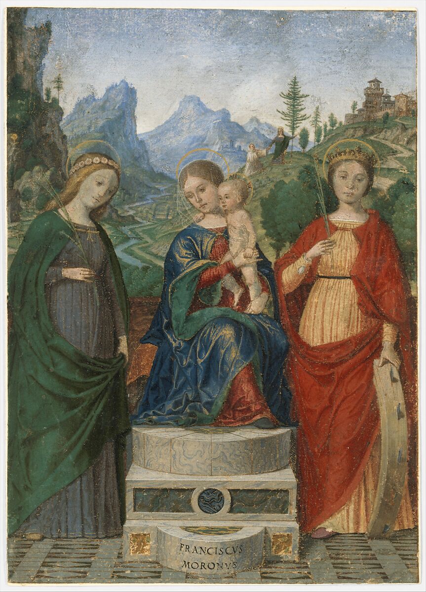 Virgin and Child Enthroned between Saints Cecilia and Catherine of Alexandria, Francesco Morone (Italian, Verona 1471–1529 Verona), Tempera on parchment; Underdrawing in sepia ink 