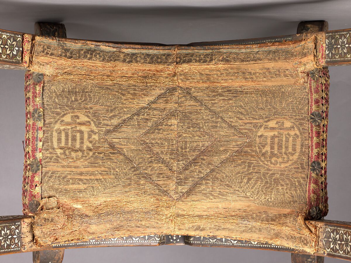 Hip-joint armchair (sillón de cadera or jamuga), Walnut, ivory, mother-of-pearl, pewter; red silk cut velvet, linen., Spanish (Granada?), Hispano-Moresque, Italian (textiles)