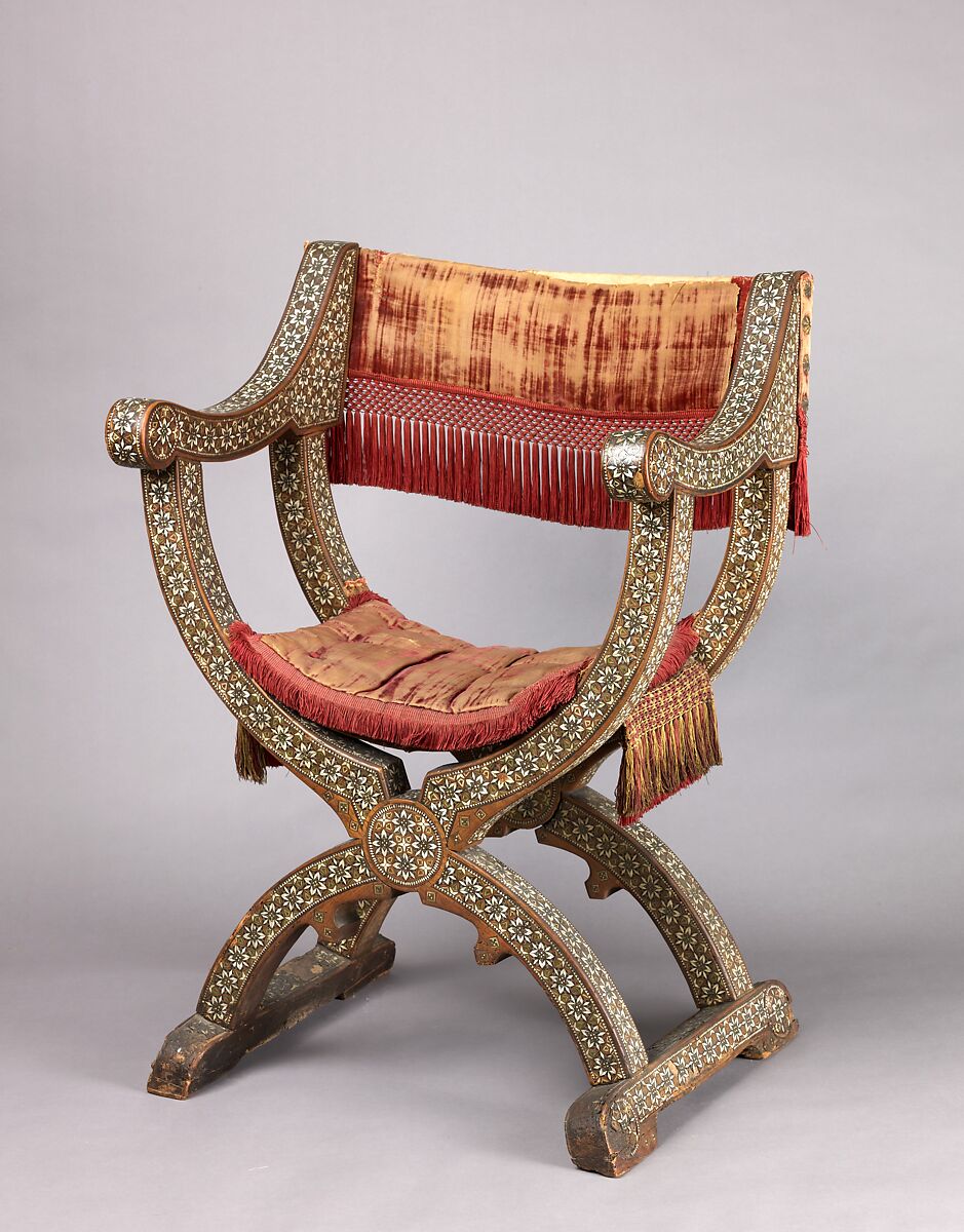 Hip-joint armchair (sillón de cadera or jamuga), Walnut, ivory, mother-of-pearl, pewter; red silk cut velvet, linen., Spanish (Granada?), Hispano-Moresque, Italian (textiles) 