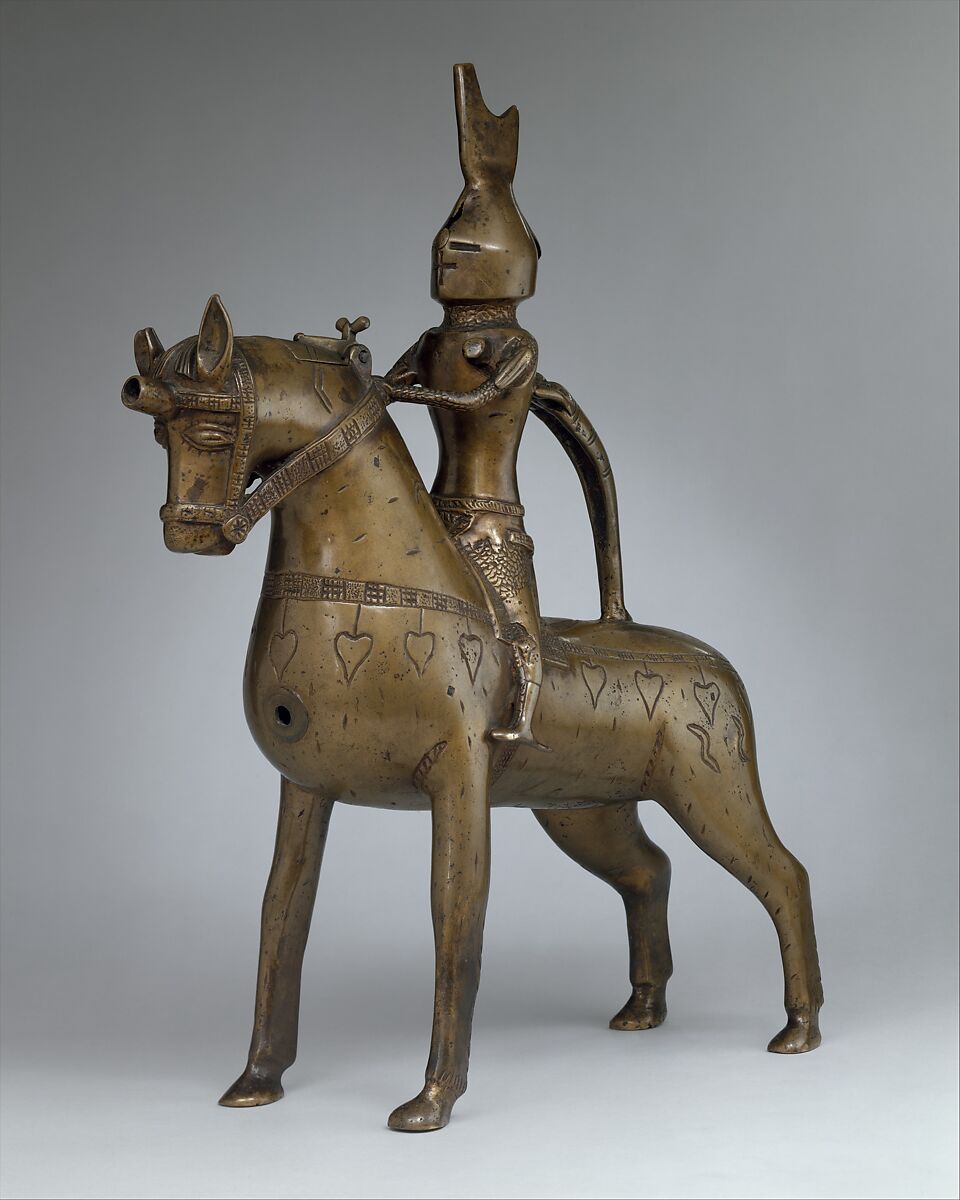 Aquamanile in the Form of a Knight on
Horseback, Bronze; Quaternary copper alloy with a high content of zinc (approx. 73% copper, approx. 15% zinc, approx. 7% lead, approx. 3% tin) with natural patina, hollow cast; remnants of the clay core
and iron armature in the legs, German, Lower Saxony (?)