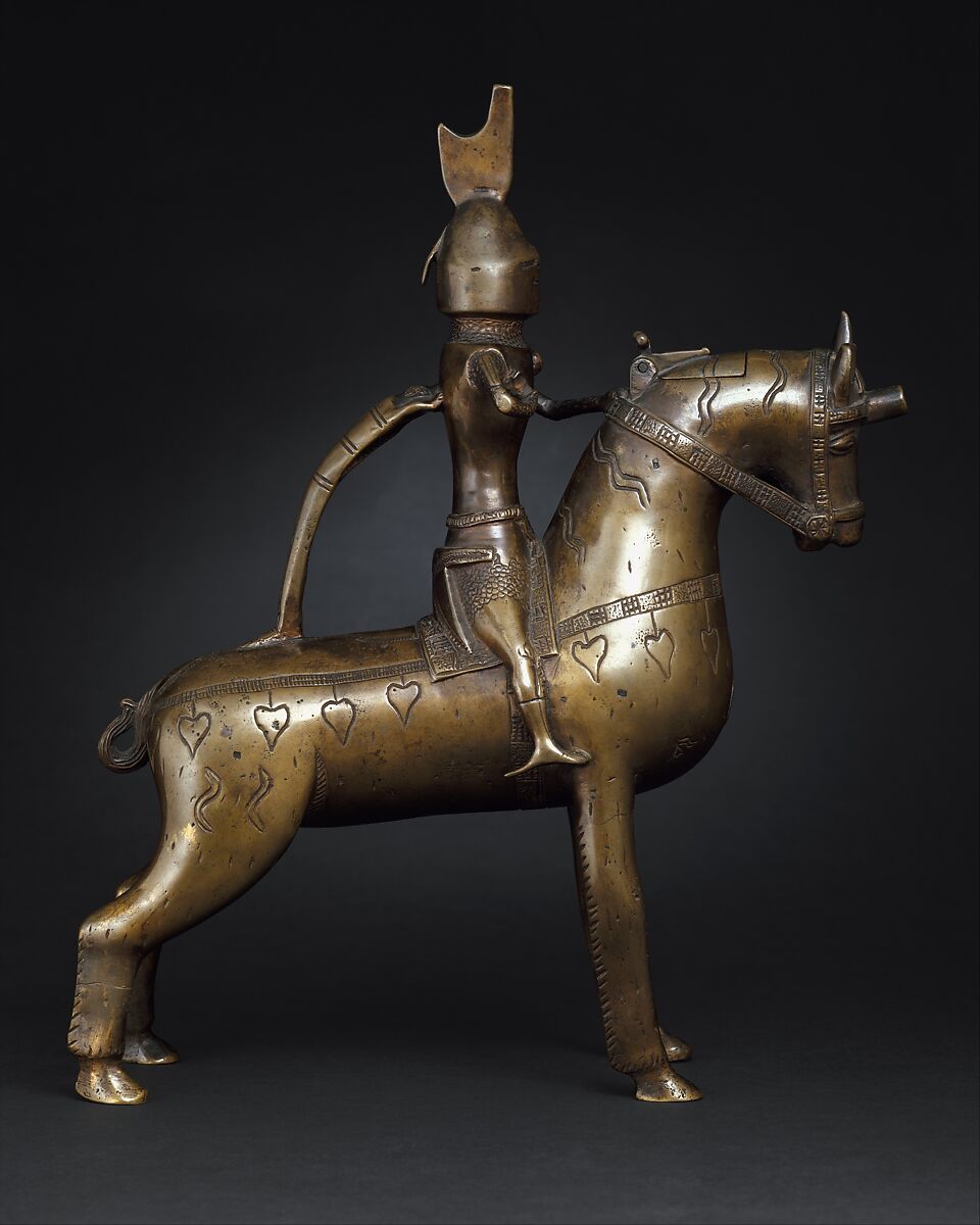 Aquamanile in the Form of a Knight on
Horseback, Bronze; Quaternary copper alloy with a high content of zinc (approx. 73% copper, approx. 15% zinc, approx. 7% lead, approx. 3% tin) with natural patina, hollow cast; remnants of the clay core
and iron armature in the legs, German, Lower Saxony (?)