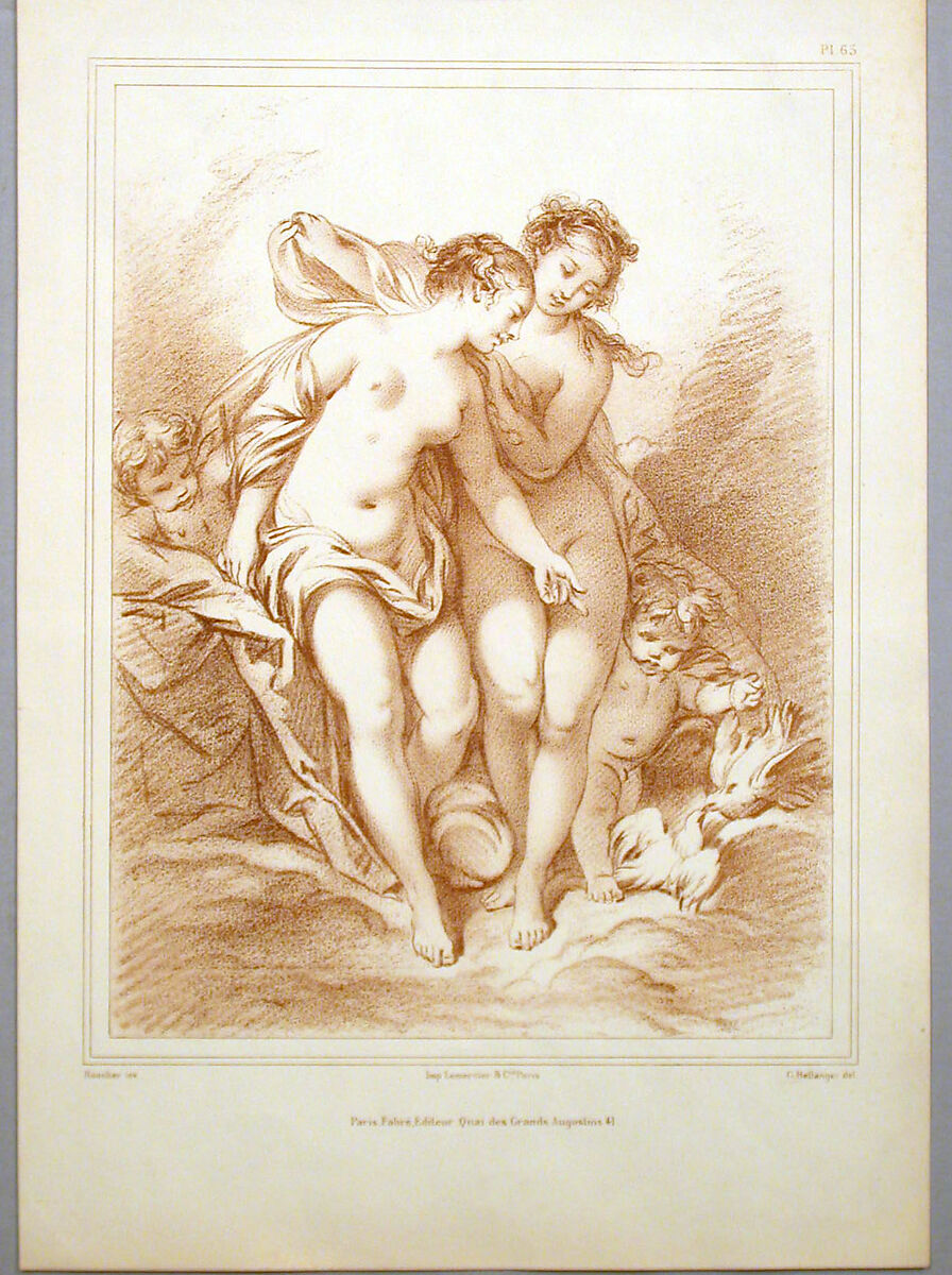 Untitled: Two female nudes with two putti and doves, After Bellanger (?), Lithograph, French 