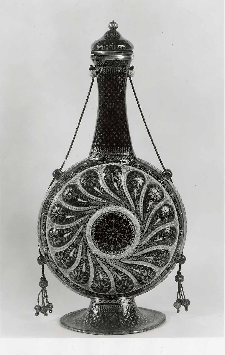 Pilgrim Bottle and Cover, Painted enamel on copper, partly gilded, gilt brass, linen cord with metal threads., Italian, Venice