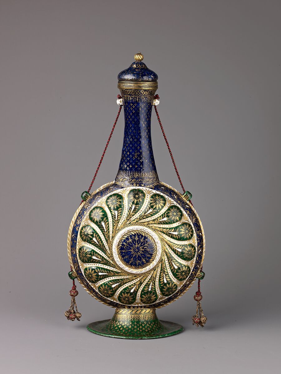Pilgrim Bottle and Cover, Painted enamel on copper, partly gilded, gilt brass, linen cord with metal threads., Italian, Venice