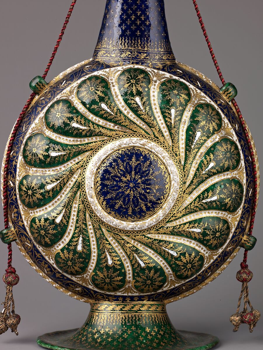 Pilgrim Bottle and Cover, Painted enamel on copper, partly gilded, gilt brass, linen cord with metal threads., Italian, Venice