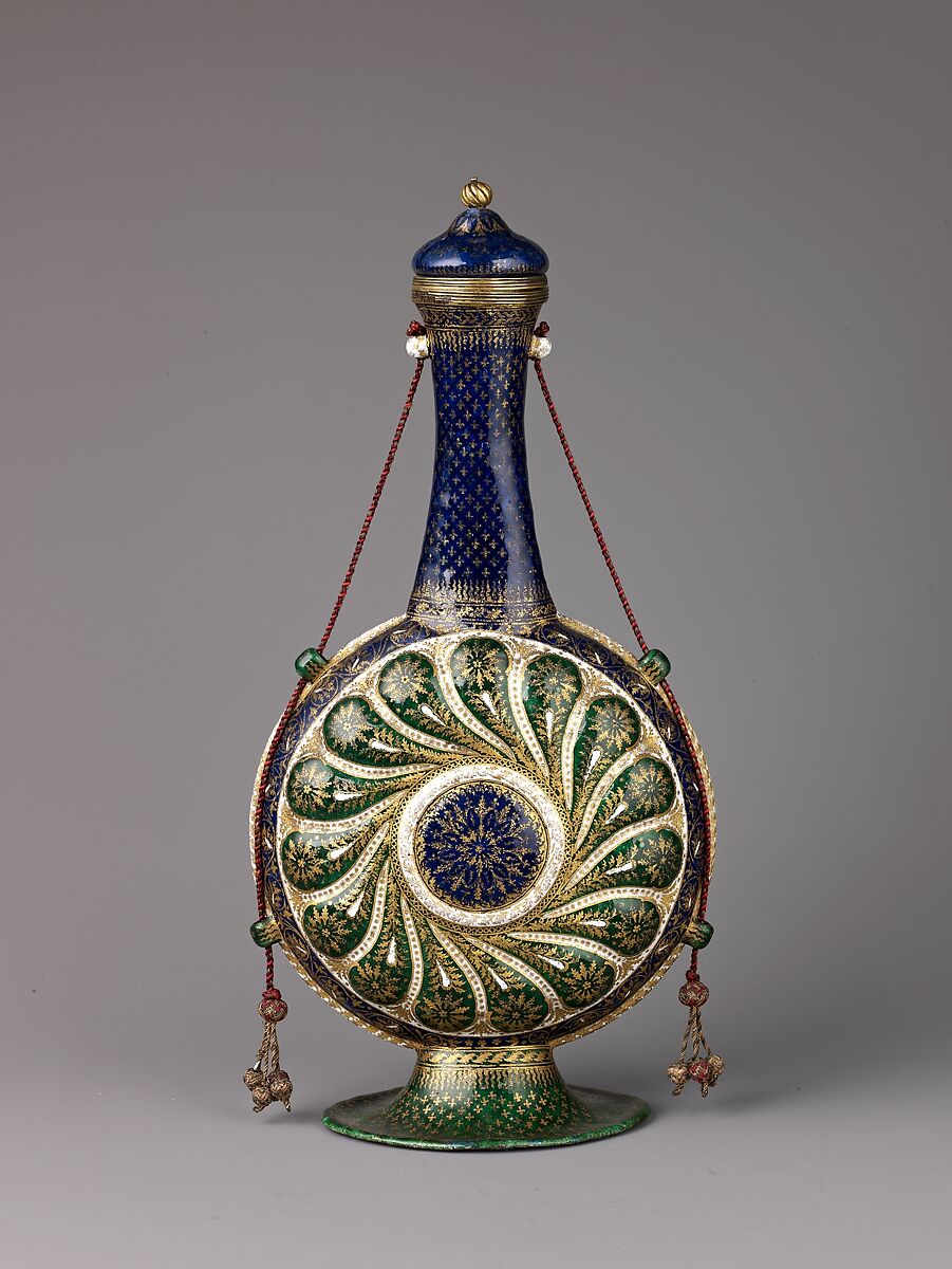 Pilgrim Bottle and Cover, Painted enamel on copper, partly gilded, gilt brass, linen cord with metal threads., Italian, Venice 
