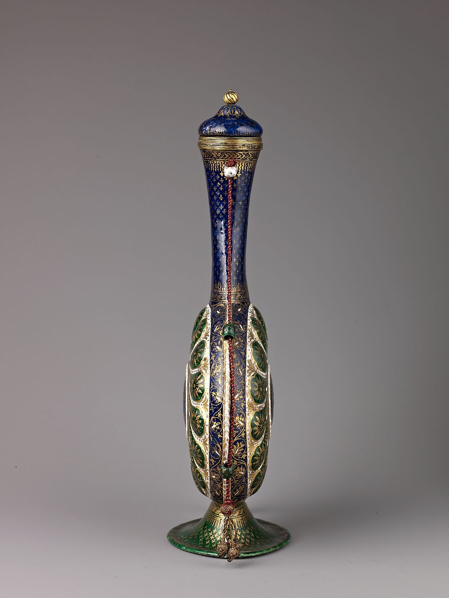Pilgrim Bottle and Cover, Painted enamel on copper, partly gilded, gilt brass, linen cord with metal threads., Italian, Venice