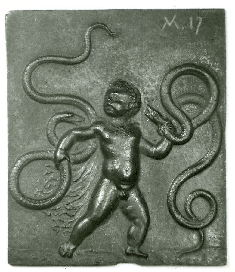 The Infant Hercules Strangling the Serpents, Master of the Labours of Hercules, Verona (?), Copper alloy covered with a layer of tin or another soldering material. 