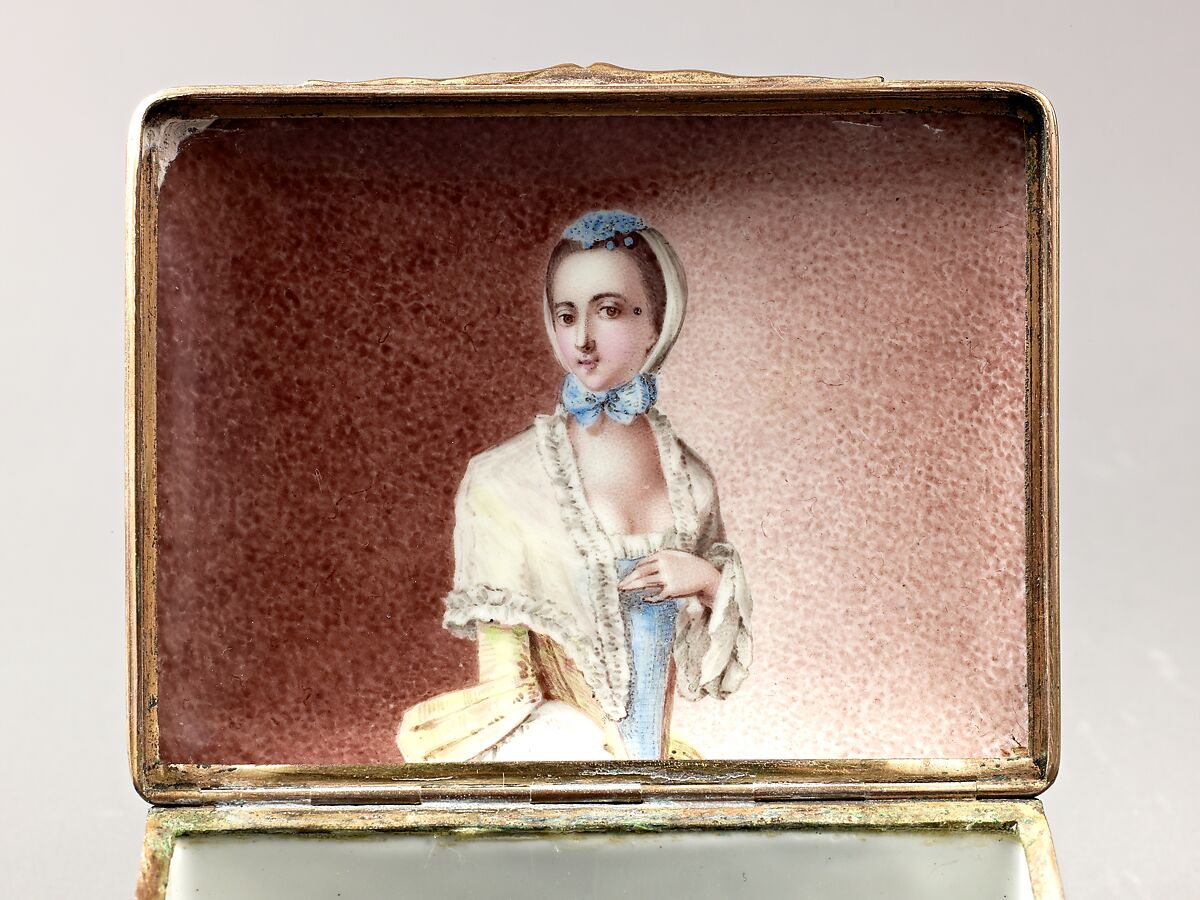 Snuffbox, Enameled copper, copper-gilt mounts, German (Dresden?)