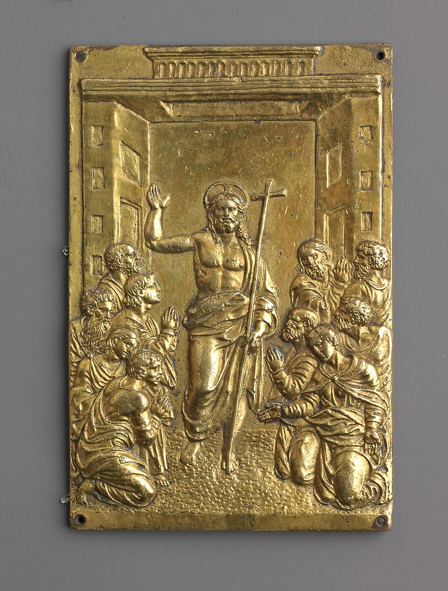Risen Christ, Copper alloy with gilt obverse and the reverse with a brown natural patina; pierced in each corner. 